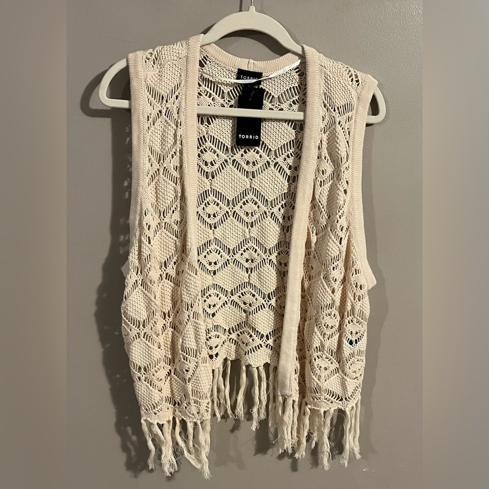 Torrid Cream Crochet Fringe Vest - Picture 3 of 7